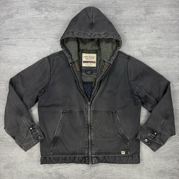 Abercrombie Fitch Jacket Mens M Gray Hooded Duck Canvas Work Chore Outdoor EUC - Picture 1 of 11